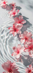 Spring scene with chery blossom in water. Sun and shadows. Minimal nature background.	
