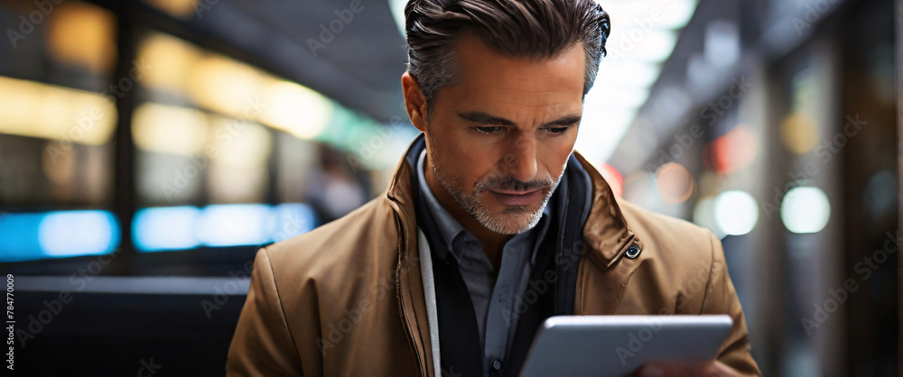 Poster businessman using a tablet to analyze data while on-the-go, with a blurred urban background that emp