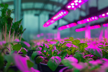 Fototapeta na wymiar Greenhouse with a variety of flowering plants under purple LED lighting. Advanced agricultural technology concept.. Generative AI