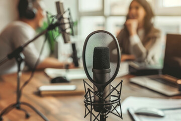 People recording podcast and laughing at office. Generative AI