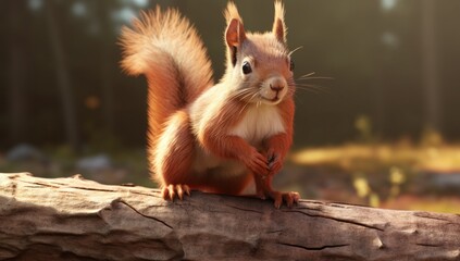 Red squirrel sitting on log in forest and looking at camera, closeup