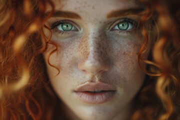 Young woman with curly red hair and sparkling green eyes. Generative AI