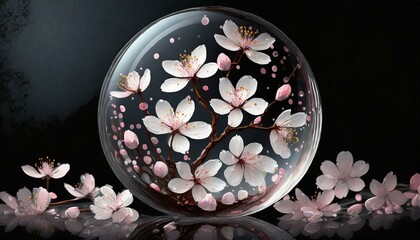 Obraz na płótnie Canvas 美しい桜の花びらが丸いガラスに幻想的な模様を作る、シンプルな黒い背景