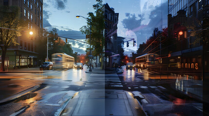 Compare and Contrast: Normal Eye Vision versus Night Blindness Symptoms in a Street Scene at Dusk - obrazy, fototapety, plakaty