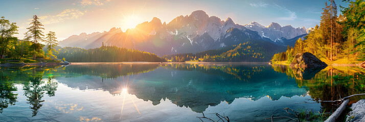 Impressive summer sunrise on Eibsee lake with Zugspitze mountain range. Sunny outdoor scene in German Alps, Bavaria, Germany, Europe. Beauty of nature concept background. - obrazy, fototapety, plakaty