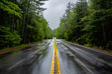 Rain-Washed New Hampshire Road Amidst Verdant Forests Under Overcast Skies