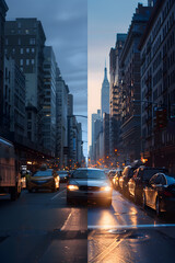 Fototapeta na wymiar Compare and Contrast: Normal Eye Vision versus Night Blindness Symptoms in a Street Scene at Dusk