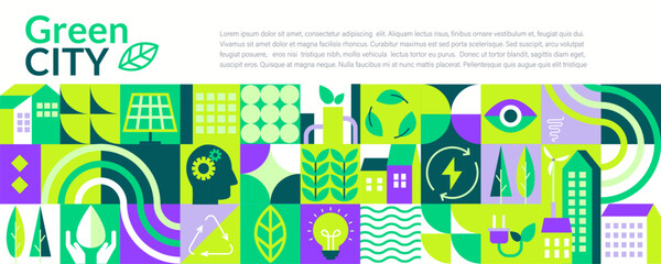 Green city horizontal banner in geometric flat style. Ecology,sustainable poster,flyer with symbols of solar panels, wind turbines-eco, green energy concept.Smart future lifestyle.Vector illustration