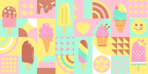 Fototapeta premium Ice creams in geometric flat style. Sweet summer delicacy,sundaes,gelatos with different tasties,ice-cream cones,popsicle with different topping.Vector illustration template for web,design,print.