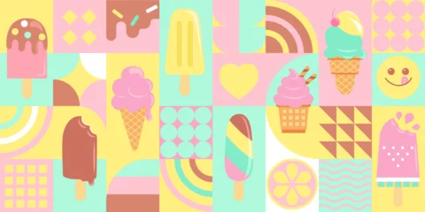 Küchenrückwand glas motiv Ice creams in geometric flat style. Sweet summer delicacy,sundaes,gelatos with different tasties,ice-cream cones,popsicle with different topping.Vector illustration template for web,design,print. © tandav