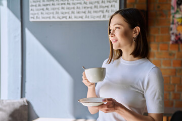 Young beautiful woman holding cup of coffee, looking out window, gray wall copy space