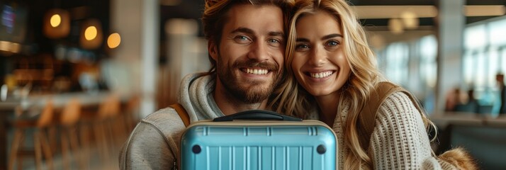 Delighted partners at airport terminal, set to embark on global trip