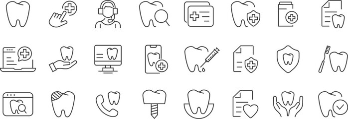 Set of outline icons about pharmacy, medicine. Dentistry, Stomatology. Simple symbols with black color contour