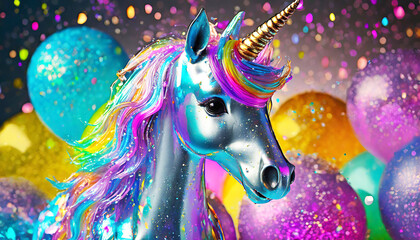 Shiny glitter covered chrome unicorn standing in front of a bunch of birthday party balloons. AI generated.