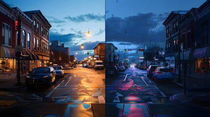 Compare and Contrast: Normal Eye Vision versus Night Blindness Symptoms in a Street Scene at Dusk - obrazy, fototapety, plakaty