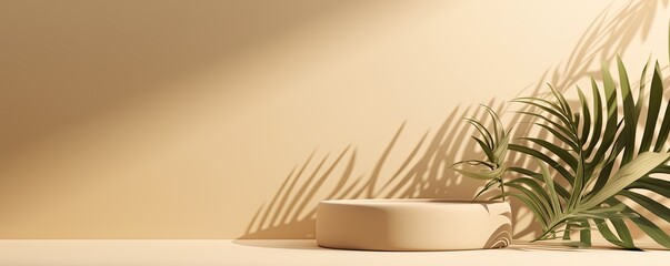 Beige background with shadows of palm leaves on a beige wall, an empty table top for product presentation.