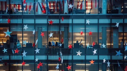 exterior views of an office building where windows are decorated with red, white, and blue streamers and paper cut-outs of stars.