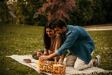 Couple laughing and enjoying snacks on a cozy picnic blanket