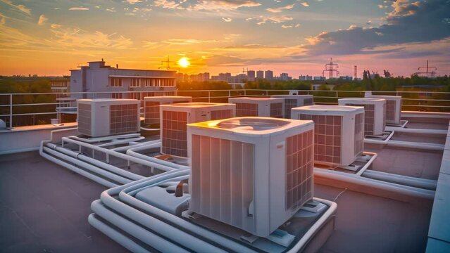 Air conditioning units on rooftop at sunset. HVAC system and energy concept.