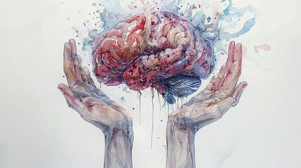 human hands holding brain watercolor art World Schizophrenia Day on may 24 business brochure flyer banner design autism, Stroke, Epilepsy and alzheimer awareness, seizure disorder, stroke, ADHD - Powered by Adobe