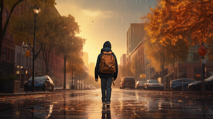 Fototapeta premium kid walking to school in the morning, rainy sunrise 