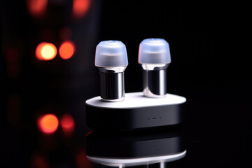 Ear buds charging on dock for audio equipment. Wireless in ear monitors IEM in case, placed on reflective surface on dark background