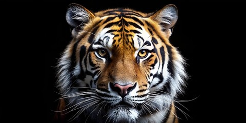 The muzzle of a p tiger on a black background at night minimalism AI generated - obrazy, fototapety, plakaty