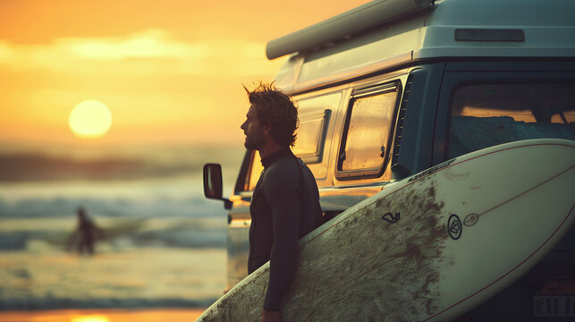 Surfer with his board next to his camper van in front of the beach at sunset