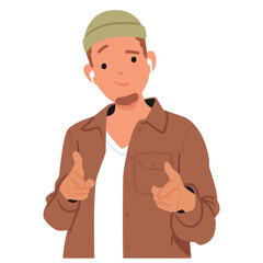 Confident Male Character in Hipster Clothes with Extended Index Fingers, Directs Toward The Viewer, Vector Illustration