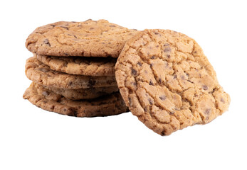 stack of home made baked chocolate chocochip cookies isolated on transparent background from above