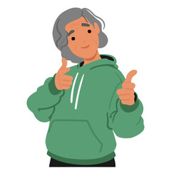 Senior Woman Character with a Gentle Smile Radiates Warmth, Points Directly At The Viewer With Index Fingers