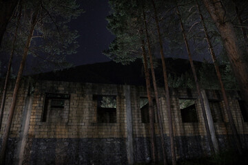 Fototapeta na wymiar Old abandoned building in forest, Facade ruins of industrial factory. Spring long pine forest