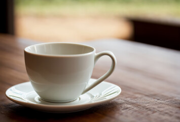 Espresso cup on a saucer, blurred cafe background, soft morning light. AI generated.