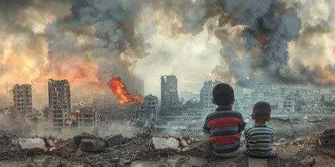 Children sitting in front of a ruined ruined city Generative AI