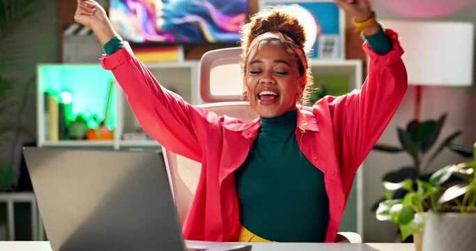 Winner, business woman and celebration dance at laptop from graphic design promotion and success. Achievement, yes and digital deal or profit with news announcement and professional in an office