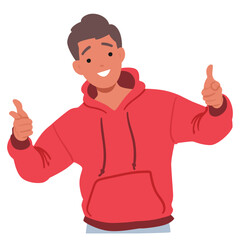 Young Cheerful Male Character in Red Hoodie Gesturing Directly At The Viewer With Both Index Fingers Extended