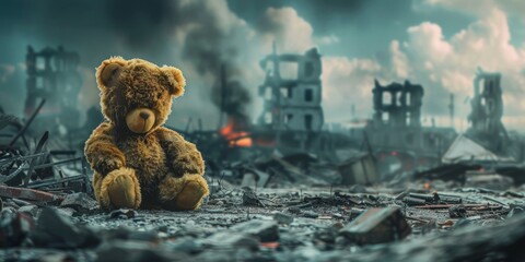 teddy bear against the background of destroyed buildings Generative AI