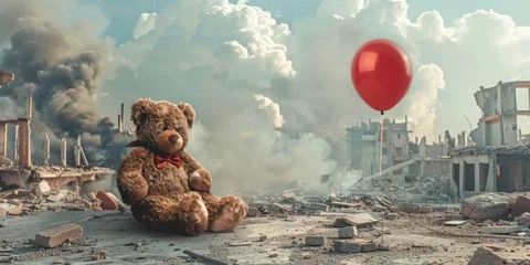 Foto op Plexiglas teddy bear against the background of destroyed buildings Generative AI © Roman