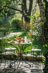 A charming rustic breakfast table set outdoors, adorned with fresh orange flowers, with a serene and inviting countryside garden in the background..