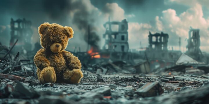 teddy bear against the background of destroyed buildings Generative AI