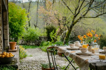 An inviting outdoor breakfast table set with fresh flowers, tableware, and citrus fruit, nestled in a lush garden with spring foliage..