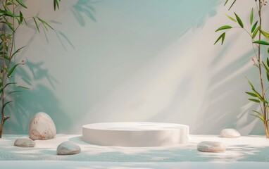 Fototapeta na wymiar 3D rendering of a viewing platform with tropical leaves and a scene of coral and stones. Product concept and advertising promotion. Natural background