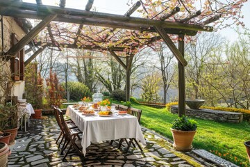 A charming rustic breakfast table set outdoors, adorned with fresh orange flowers, with a serene and inviting countryside garden in the background..