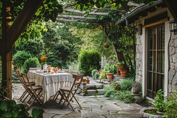 A picturesque outdoor breakfast table set up in a lush garden pathway, bathed in dappled sunlight with vibrant greenery and flowers surrounding it..
