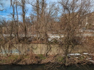 Snow-covered parklands along the train tracks in White Plains, New York, USA