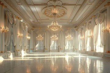 A grand and opulent ballroom bathed in natural light, showcasing luxurious chandeliers, ornate drapery, and a pristine reflective floor..