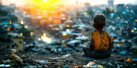 Young boy sitting on top of pile of garbage next to street.