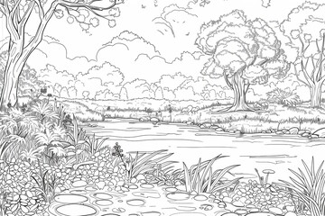 Coloring Book Page - Tranquil River and Meadows. Generative AI.