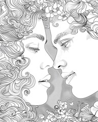 Coloring Book Page - Art Nouveau Inspired Lovers. Generative AI.