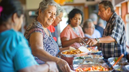 Diverse community members engaging in a Labor Day potluck event, sharing dishes and stories, emphasizing community bonds and worker diversity